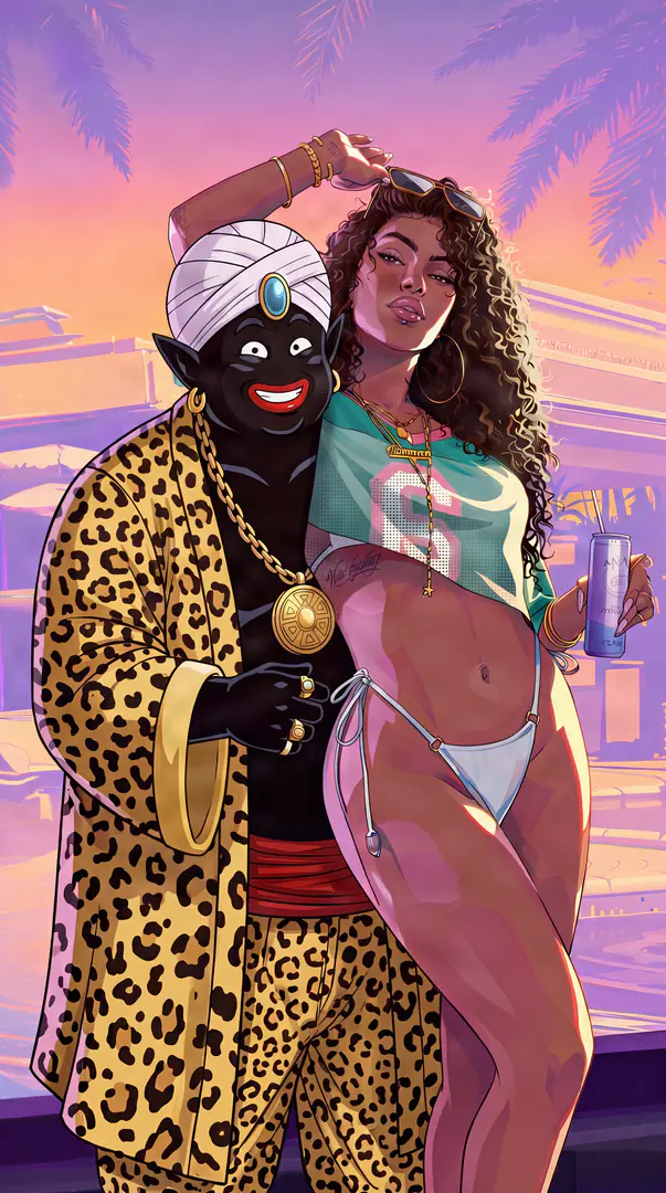 Mr. Popo from Dragon Ball, dressed in a leopard print outfit and heavy gold chains, poses confidently next to a glamorous woman in beachwear against a vibrant tropical sunset.