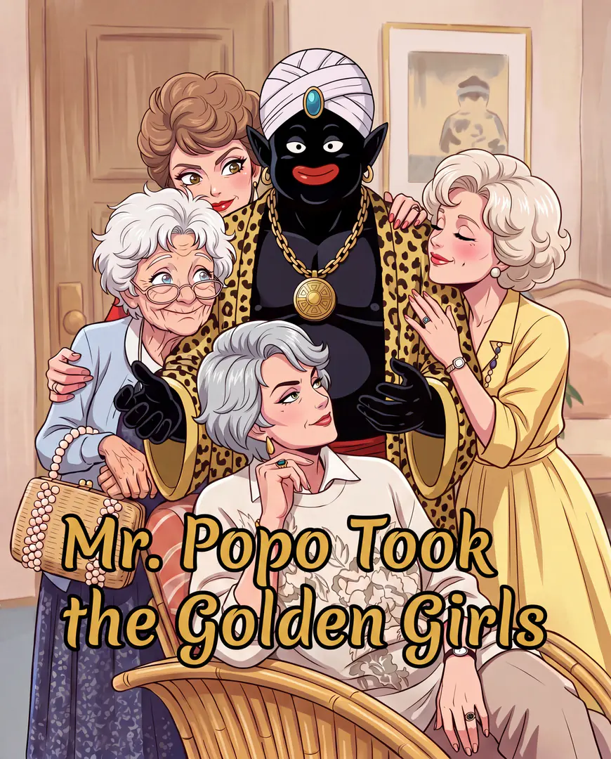 Mr. Popo from Dragon Ball wears a leopard print robe and is affectionately surrounded by the four Golden Girls above overlaid text that reads "Mr. Popo Took the Golden Girls".