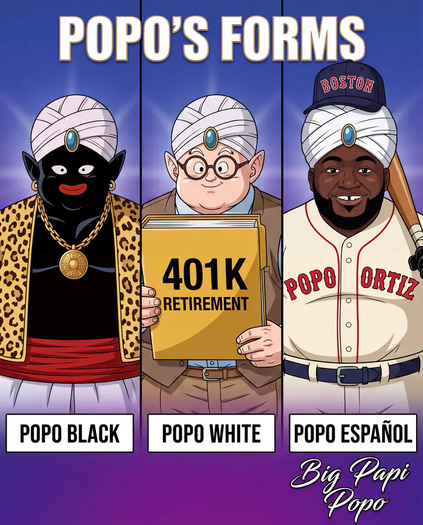 An image titled "POPO'S FORMS" shows three parodic versions of Dragon Ball's Mr. Popo: "POPO BLACK" wearing a gold chain and leopard vest, "POPO WHITE" holding a 401K retirement folder, and "POPO ESPAÑOL" dressed as baseball player David Ortiz.