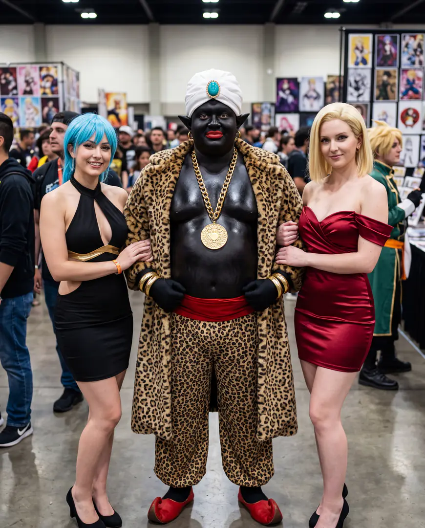 A cosplayer dressed as Mr. Popo from Dragon Ball wearing a leopard print coat and gold chain poses at a convention between a blue-haired woman in a black dress and a blonde woman in a red dress.