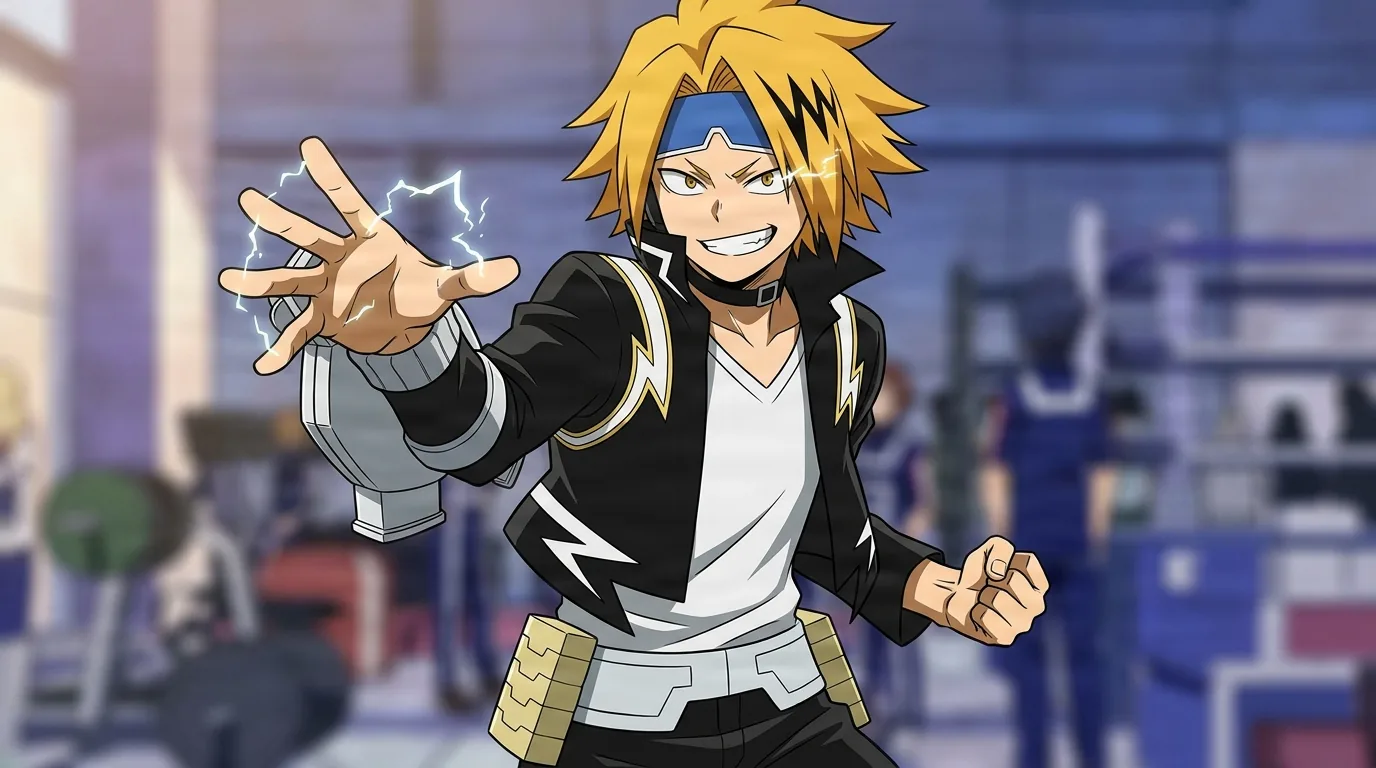 Denki Kaminari from My Hero Academia in a close-framed cel-shaded anime scene with a detailed environment