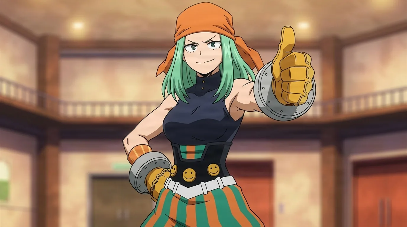 Emi Fukukado from My Hero Academia in a close-framed cel-shaded anime scene with a detailed environment