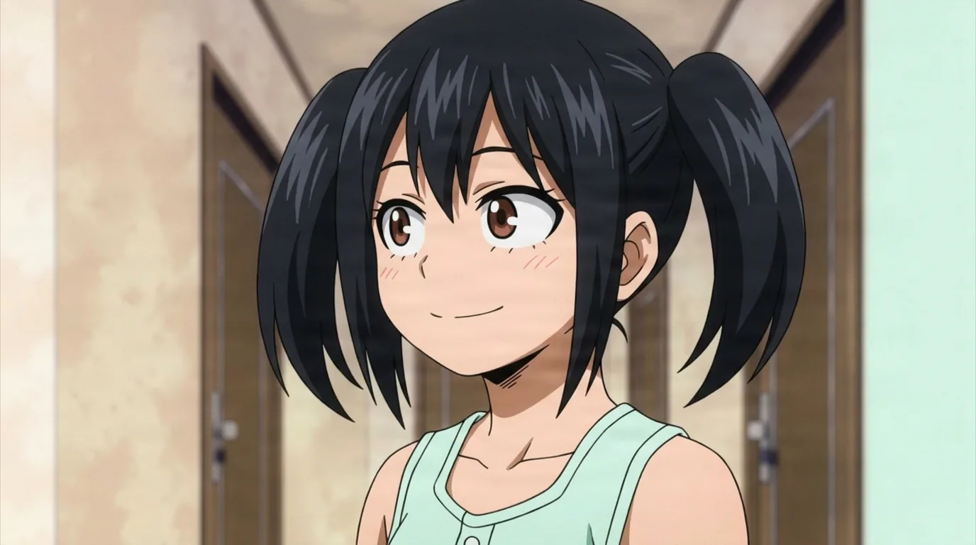 Hana Shimura from My Hero Academia in a close-framed cel-shaded anime scene with a detailed environment