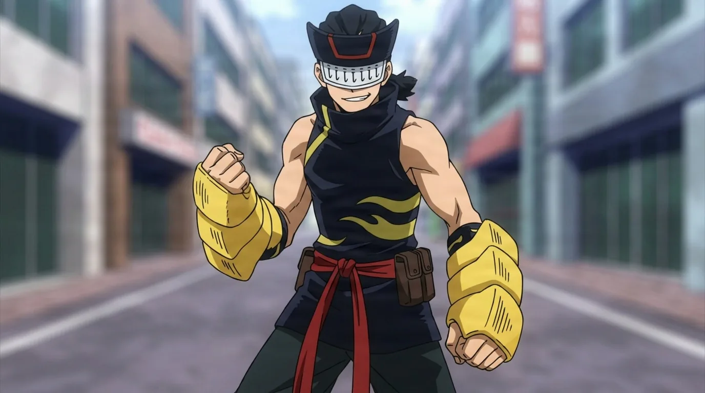 Hiryu Rin from My Hero Academia in a close-framed cel-shaded anime scene with a detailed environment