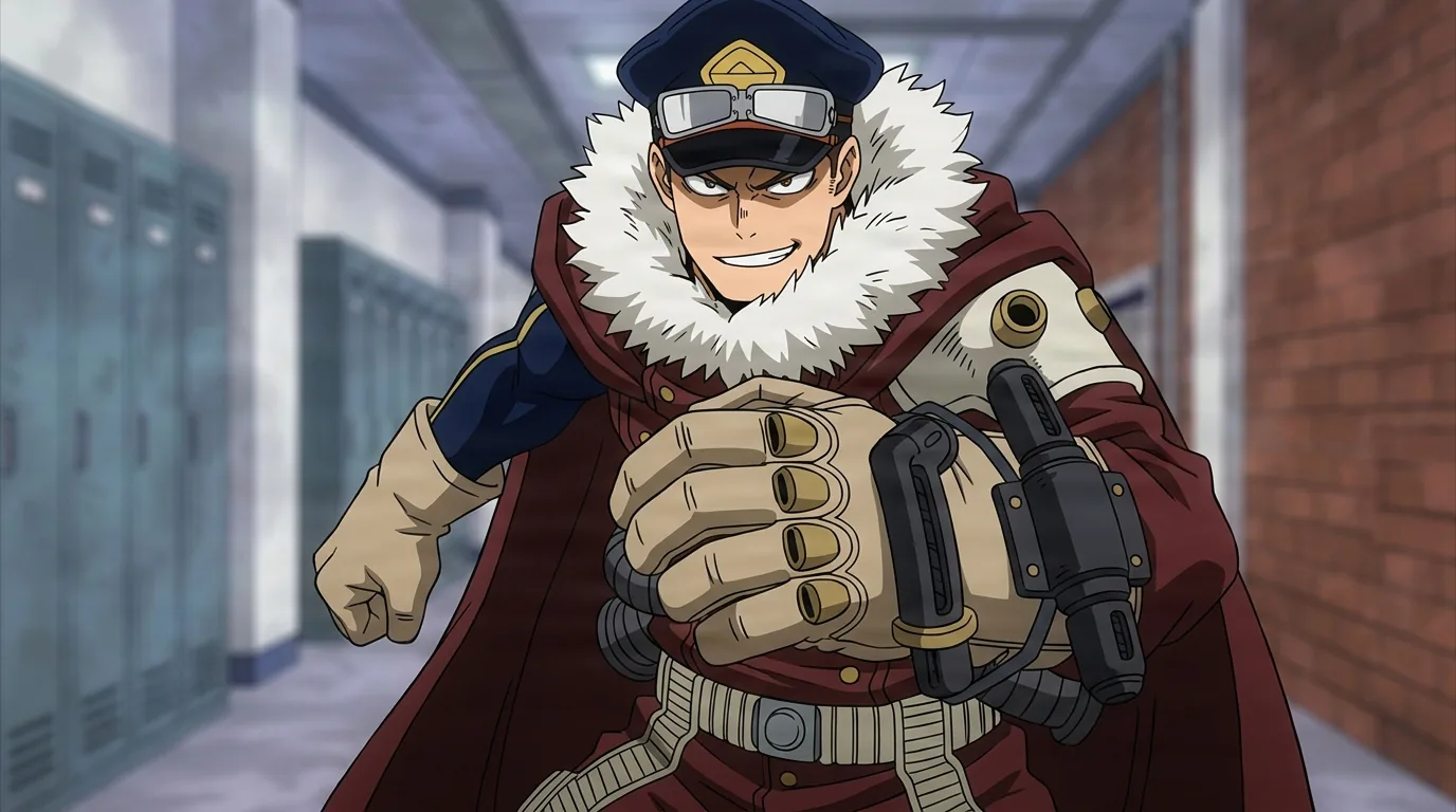 Inasa Yoarashi from My Hero Academia in a close-framed cel-shaded anime scene with a detailed environment