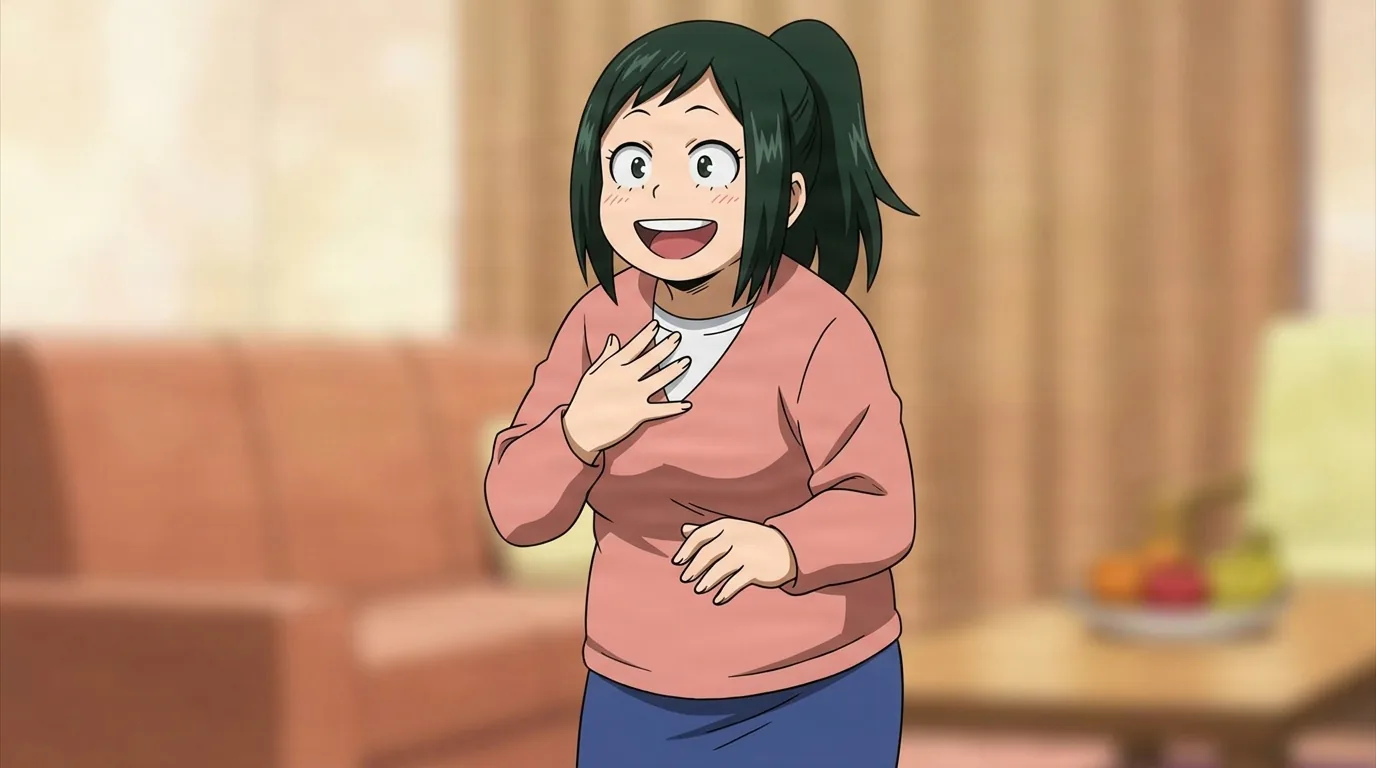 Inko Midoriya from My Hero Academia in a close-framed cel-shaded anime scene with a detailed environment
