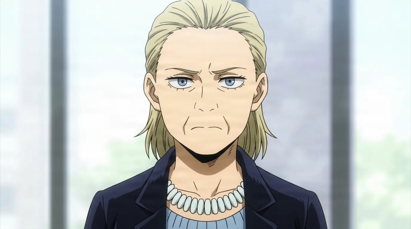 Madam President from My Hero Academia in a close-framed cel-shaded anime scene with a detailed environment