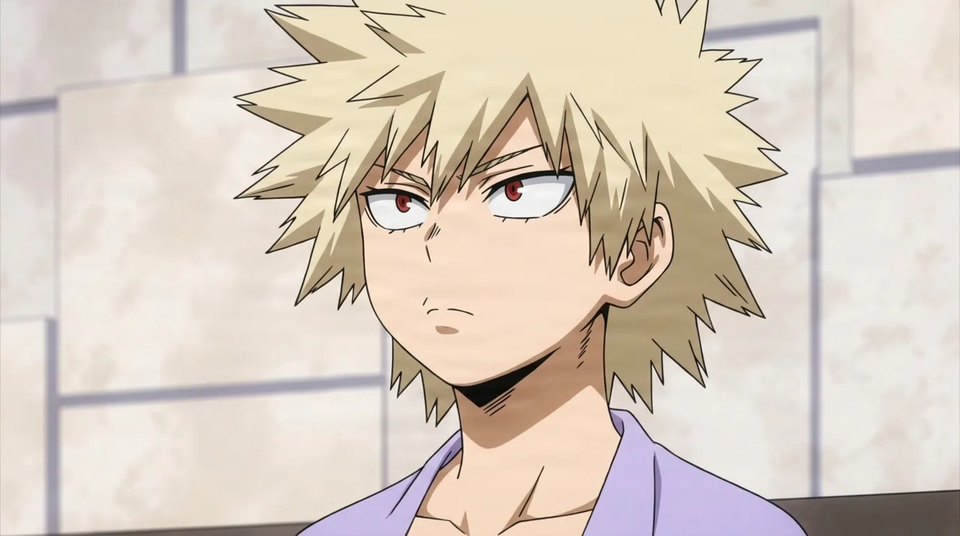 Mitsuki Bakugo from My Hero Academia in a close-framed cel-shaded anime scene with a detailed environment