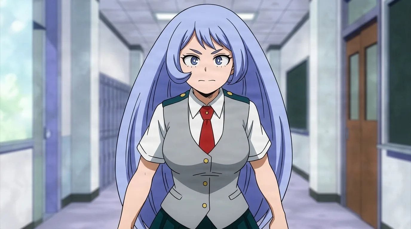 Nejire Hado standing in a school corridor with a serious look, long pale blue hair and the grey U.A. uniform with red tie
