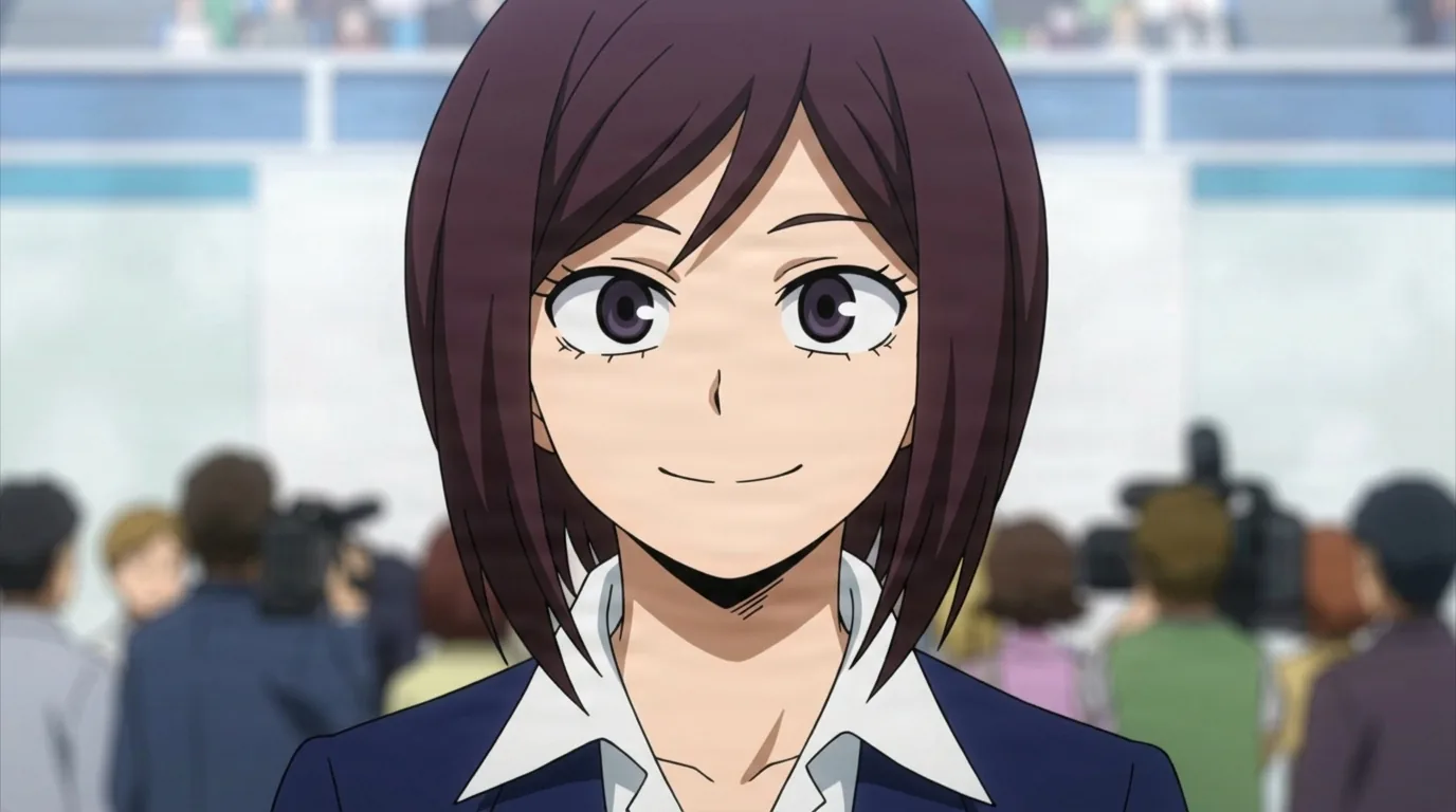 NHA Reporter from My Hero Academia in a close-framed cel-shaded anime scene with a detailed environment