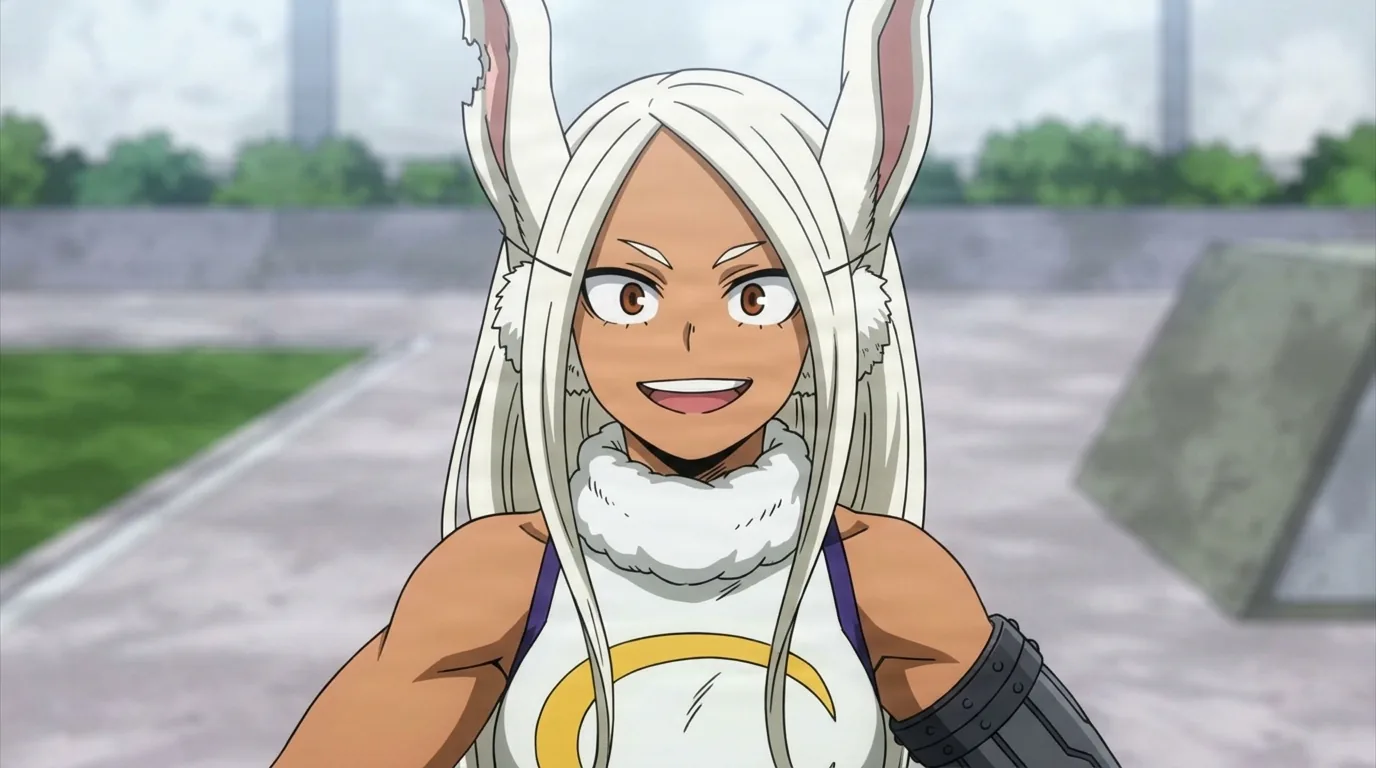 Rumi Usagiyama from My Hero Academia in a close-framed cel-shaded anime scene with a detailed environment