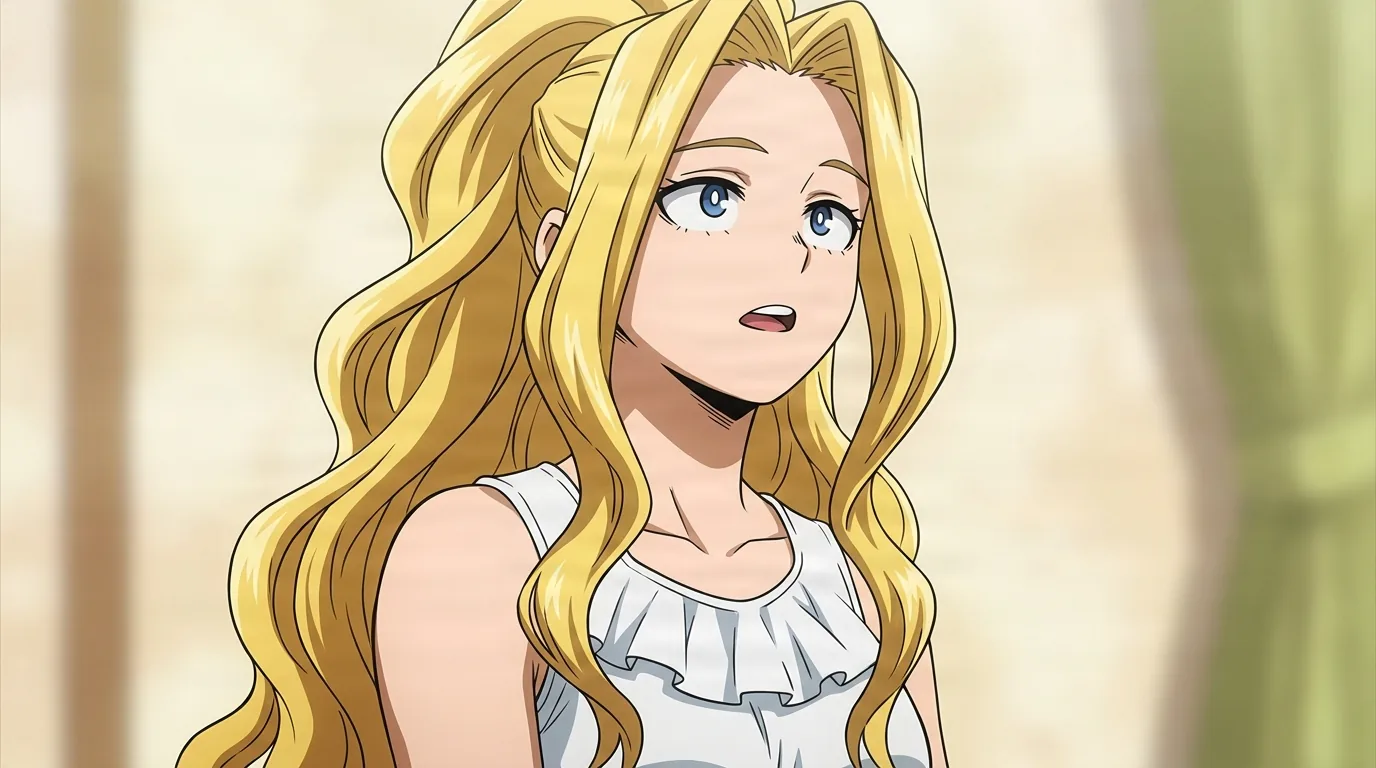 Toshie Yagi from My Hero Academia in a close-framed cel-shaded anime scene with a detailed environment