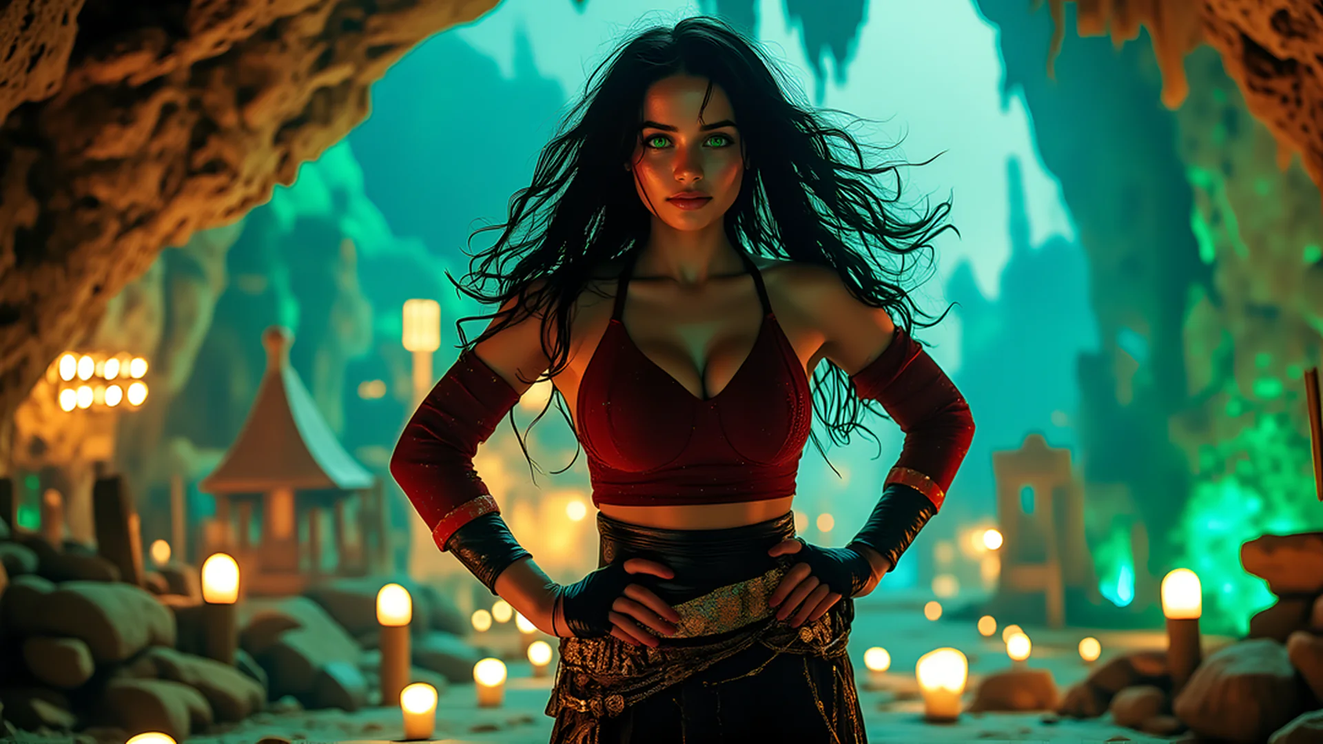 In this AI art piece from Daddy Jim Headquarters, a woman stands confidently in an enchanting cave setting. She has long, flowing black hair and striking green eyes. Her outfit consists of a red crop top and arm bands, complemented by a decorative belt. The background features glowing lanterns and intricate rock formations, creating a mystical ambiance.