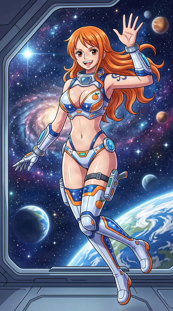 Nami from One Piece smiles and waves while floating in a revealing, orange-accented sci-fi suit in front of a spaceship window overlooking a vibrant galaxy.