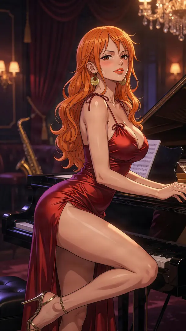Nami from One Piece poses elegantly against a grand piano in a dimly lit lounge, wearing a glamorous red dress with a high thigh slit and gold heels.