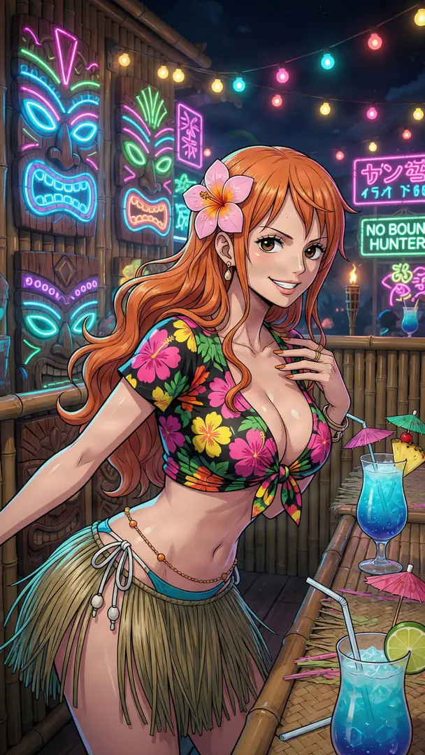 Nami from One Piece smiles brightly at a neon-lit bamboo tiki bar while wearing a floral crop top, a grass skirt, and a pink flower in her long orange hair next to tropical blue drinks.