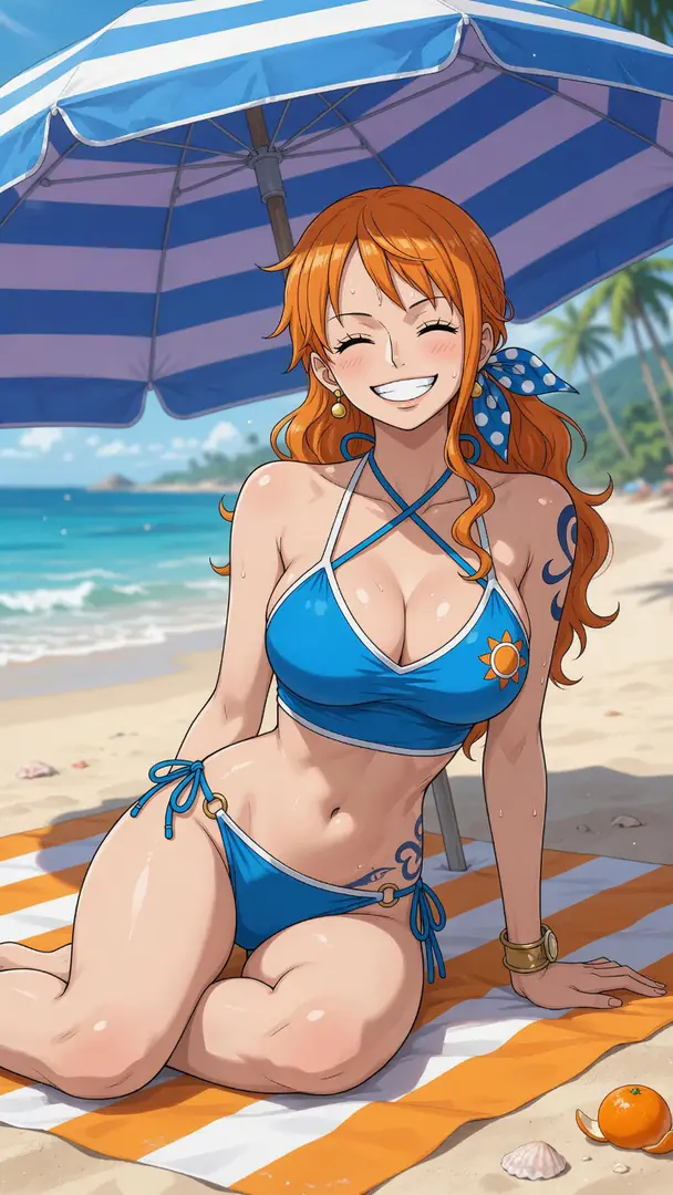 Nami from One Piece smiles brightly while relaxing in a blue bikini on an orange and white striped towel under a beach umbrella.