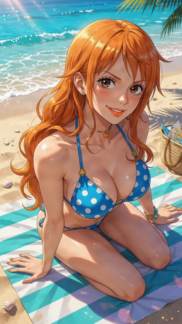 Nami from One Piece smiles as she sits on a striped beach towel wearing a blue and white polka dot bikini with the sunny ocean behind her.