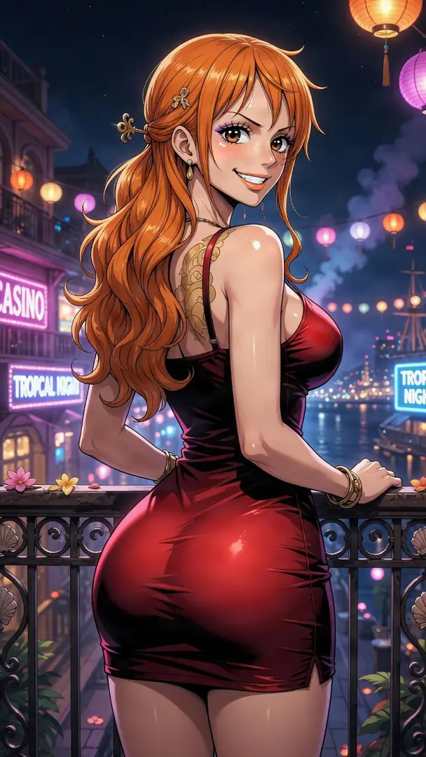 Nami from One Piece smiles over her shoulder in a form-fitting red dress while standing on a balcony overlooking a vibrant, neon-lit nighttime waterfront.