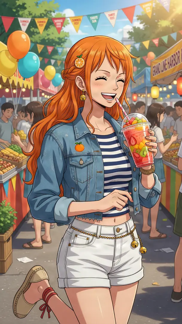 Nami from One Piece smiles cheerfully while holding a colorful fruit drink at a bustling outdoor summer festival, dressed in a denim jacket, striped crop top, and white shorts.