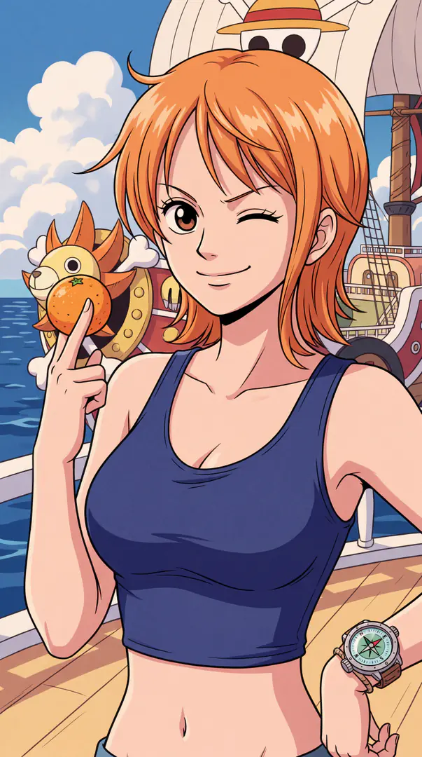 Nami from One Piece, wearing a blue crop top, winks playfully while balancing an orange on her index finger aboard her ship.