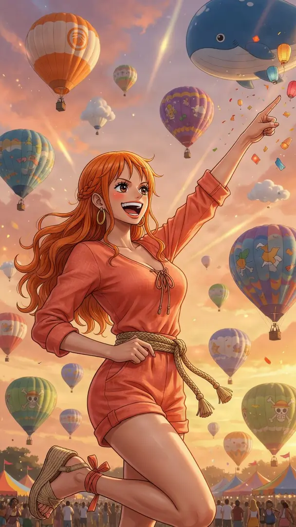 A joyful Nami from One Piece points towards a vibrant sunset sky filled with colorful hot air balloons and a giant blue whale above a festival crowd.