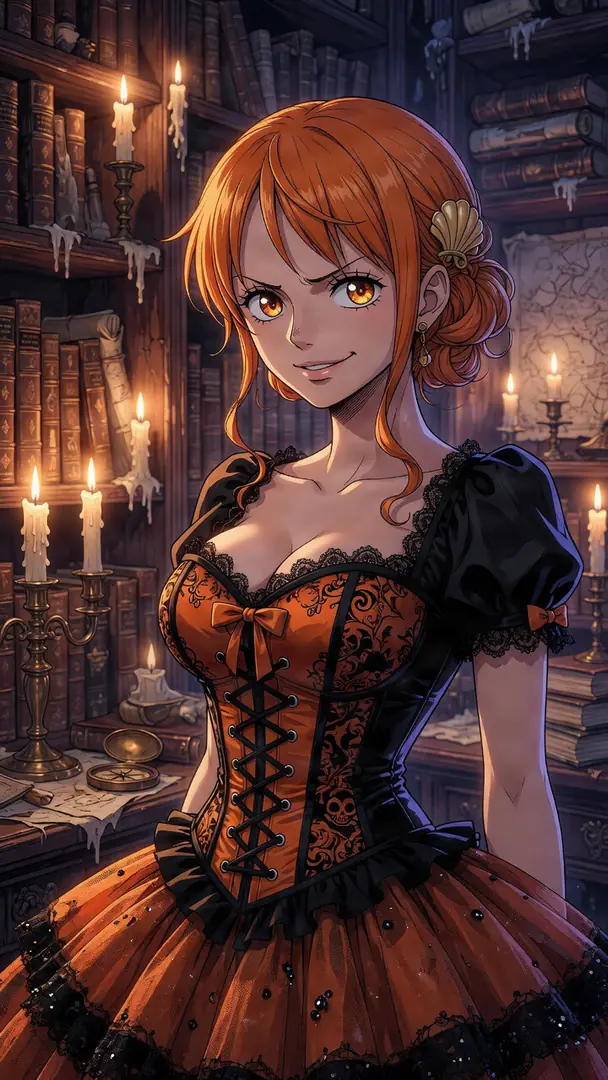 Nami from One Piece smiles confidently in a dimly lit, candle-filled library while wearing an elaborate orange and black corset dress.