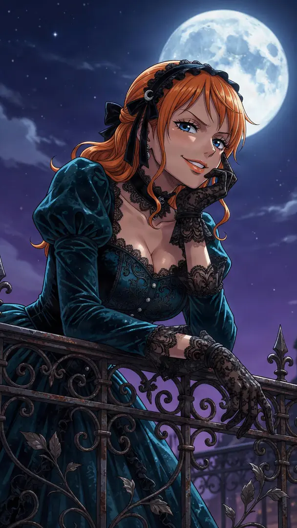 Nami from One Piece smiles playfully while leaning against an ornate wrought-iron balcony under a full moon, wearing an elegant dark teal dress with black lace details.