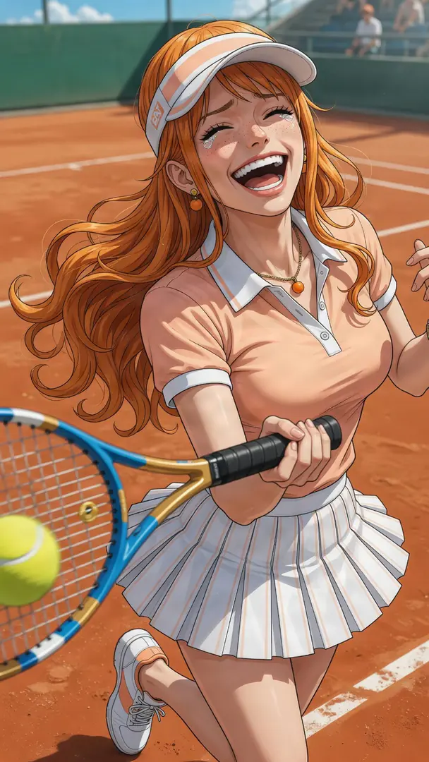 Nami from One Piece laughs joyfully with tears in her eyes as she swings a blue tennis racket on a sunny clay court wearing a peach and white outfit.