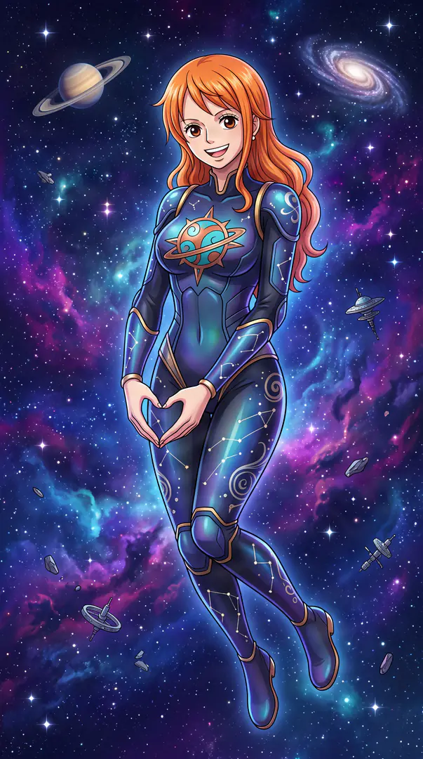 Nami from One Piece smiles and makes a heart shape with her hands while floating against a vibrant cosmic background in a sleek, constellation-patterned blue spacesuit.