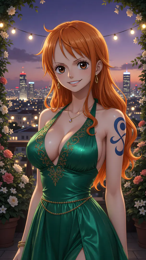 Nami from One Piece smiles elegantly in a gold-accented green dress revealing her signature blue shoulder tattoo while standing on a floral balcony overlooking a twilight city skyline.