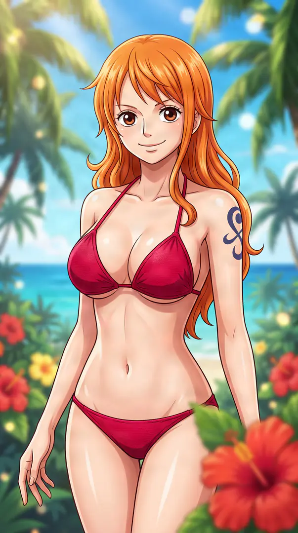 Nami from One Piece stands smiling on a sunny tropical beach in a red bikini, her long orange hair and signature shoulder tattoo visible among palm trees and vibrant red flowers.