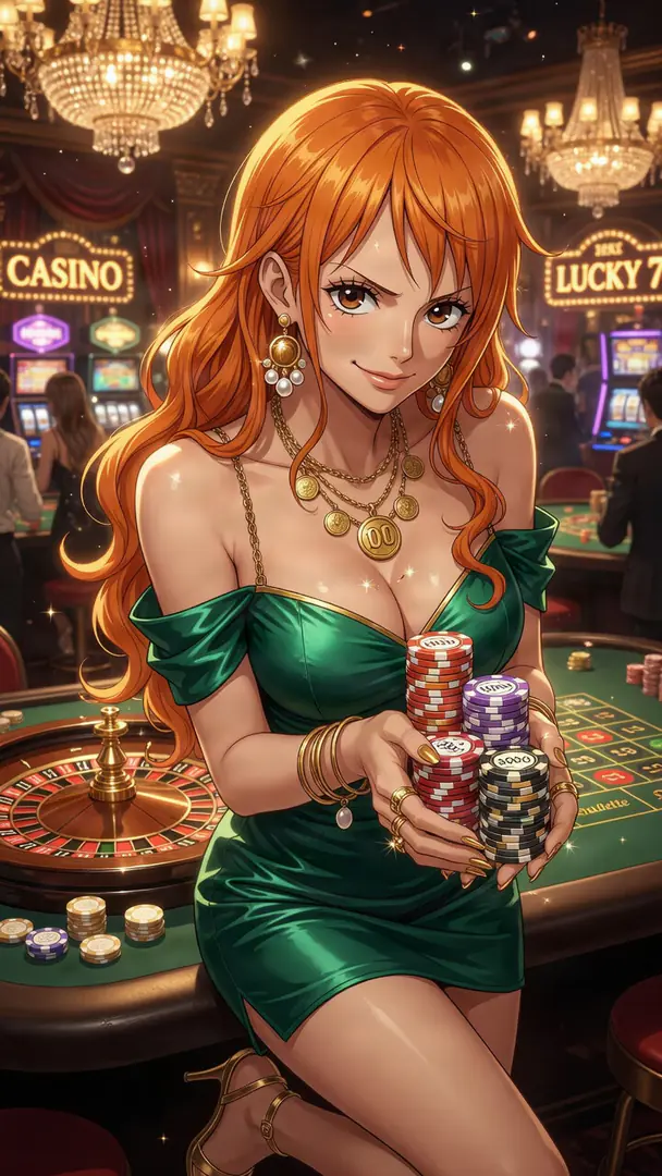 Nami from One Piece smiles confidently in an elegant green dress while holding stacks of casino chips at a roulette table in a luxurious casino.