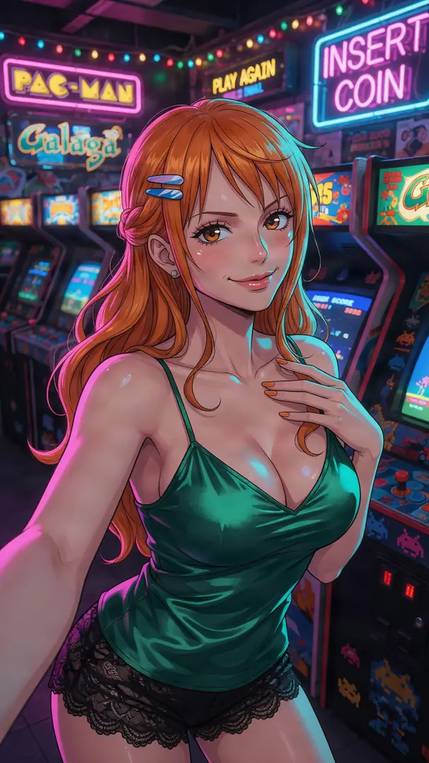 Nami from One Piece smiles for a selfie in a neon-lit retro arcade, wearing a shiny green camisole and black lace shorts.