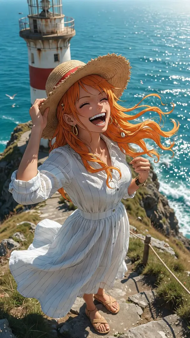 Nami from One Piece laughs joyfully in a white striped dress and straw hat on a rocky coastal path with a lighthouse and sparkling blue ocean behind her.