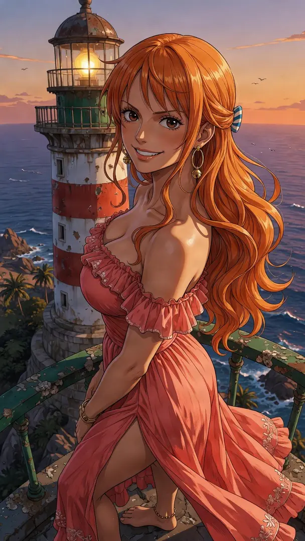 Nami in a coral off-shoulder maxi dress at a coastal lighthouse overlook at dusk.