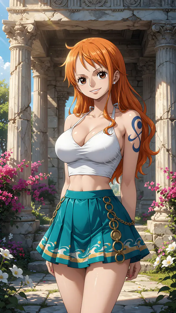 Nami from One Piece smiles brightly while standing among sunlit stone pillars and flowers, wearing a white halter crop top, a teal wave-patterned skirt, and displaying her signature blue shoulder tattoo.