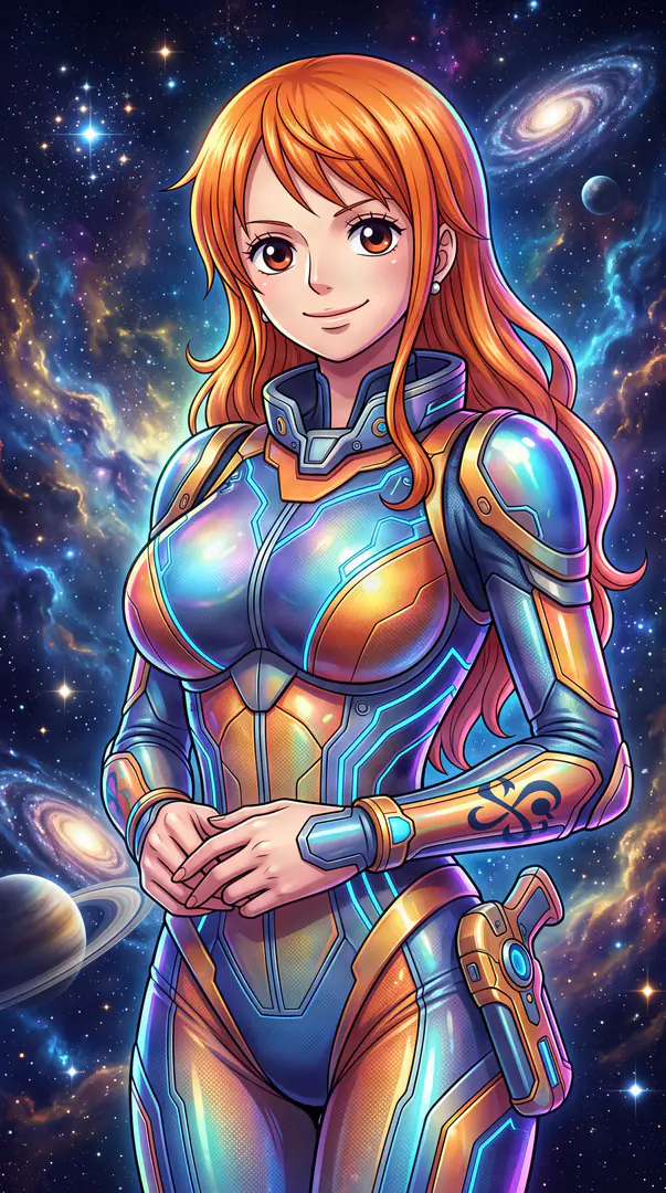 Orange-haired Nami from One Piece smiles warmly while wearing a sleek, form-fitting blue and gold sci-fi spacesuit against a vibrant cosmic backdrop of stars, planets, and galaxies.