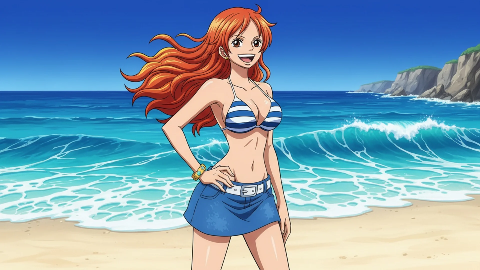 AI Art of Nami from One Piece on a tropical beach with long orange hair, created by Daddy Jim Headquarters
