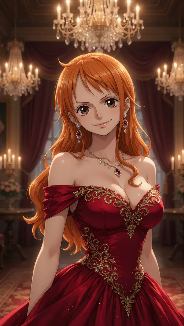Nami from One Piece smiles gracefully in a lavish chandelier-lit room while wearing an elegant off-the-shoulder red gown adorned with intricate gold embroidery and ruby jewelry.