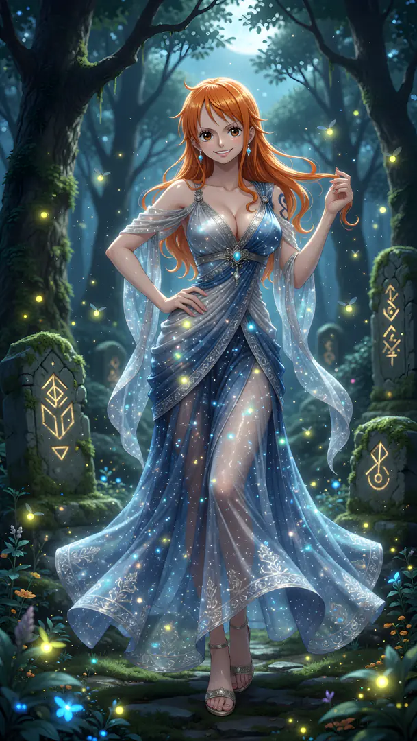 Nami from One Piece stands gracefully in a magical forest filled with glowing fireflies and ancient runestones, wearing a sparkling, sheer blue and silver dress with a high slit.