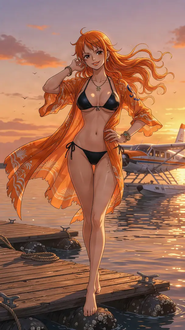 Nami from One Piece poses confidently on a wooden dock at sunset wearing a black bikini and a flowing orange cover-up, with a seaplane floating in the background water.