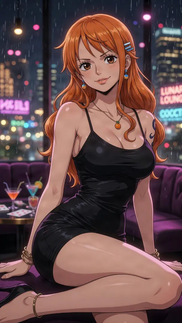 Nami from One Piece smiles while sitting on a purple lounge booth, wearing a sleek black dress and a tangerine necklace against a backdrop of rainy windows and neon city lights.