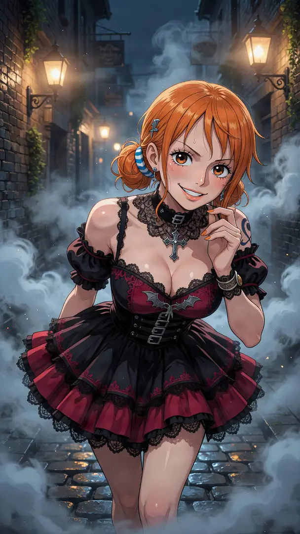 Nami from One Piece smiles playfully while walking down a foggy, lantern-lit cobblestone alley wearing a gothic black and red ruffled mini dress.