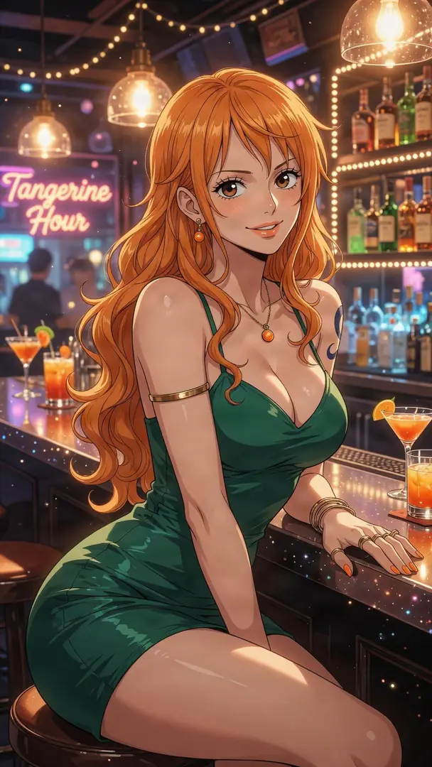 Nami from One Piece, wearing a form-fitting green dress and gold jewelry, smiles warmly while seated at a dimly lit, neon-accented bar.