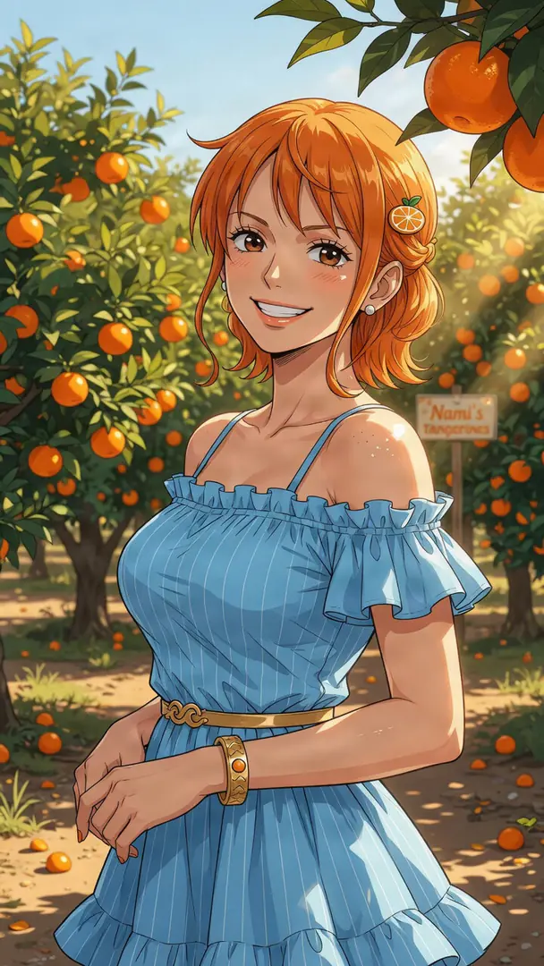 Nami from One Piece smiles warmly in a sunlit tangerine orchard while wearing a light blue off-the-shoulder ruffled dress and an orange slice hairpin.