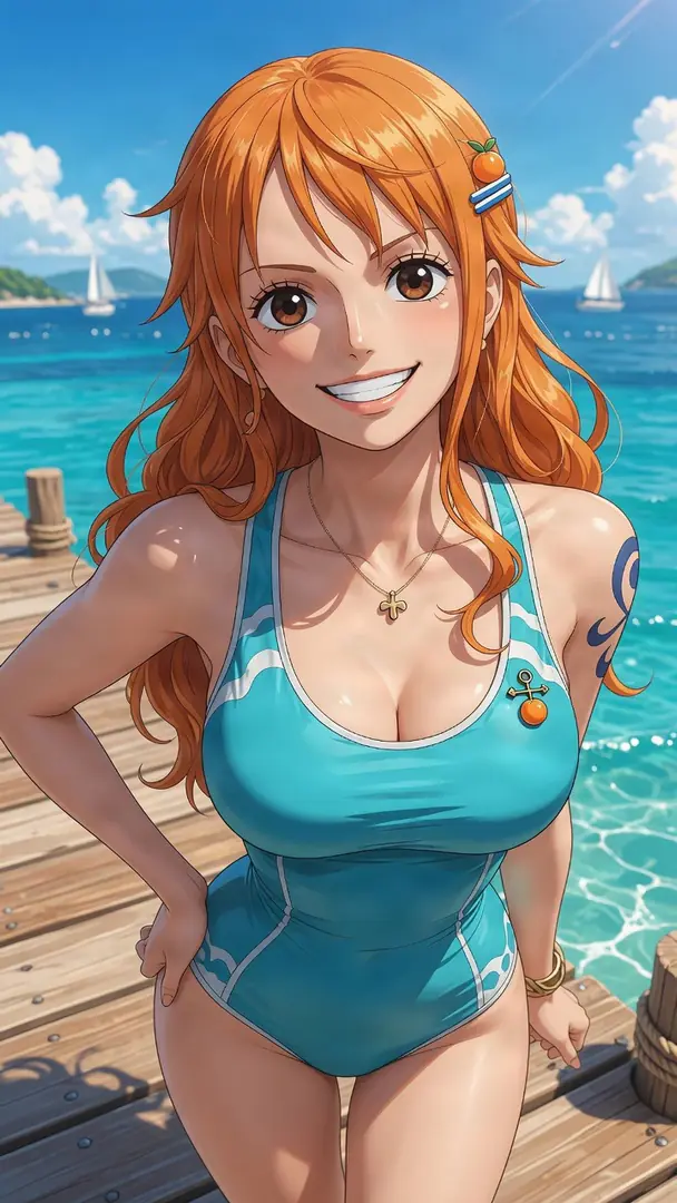 Nami from One Piece smiles brightly while standing on a sunlit wooden pier in a blue one-piece swimsuit against a backdrop of a sparkling ocean.