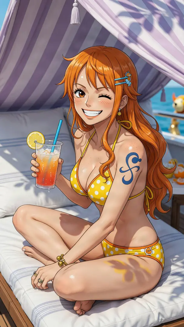 Nami from One Piece winks and smiles while sitting on a shaded lounge chair wearing a yellow polka-dot bikini and holding a tropical drink.