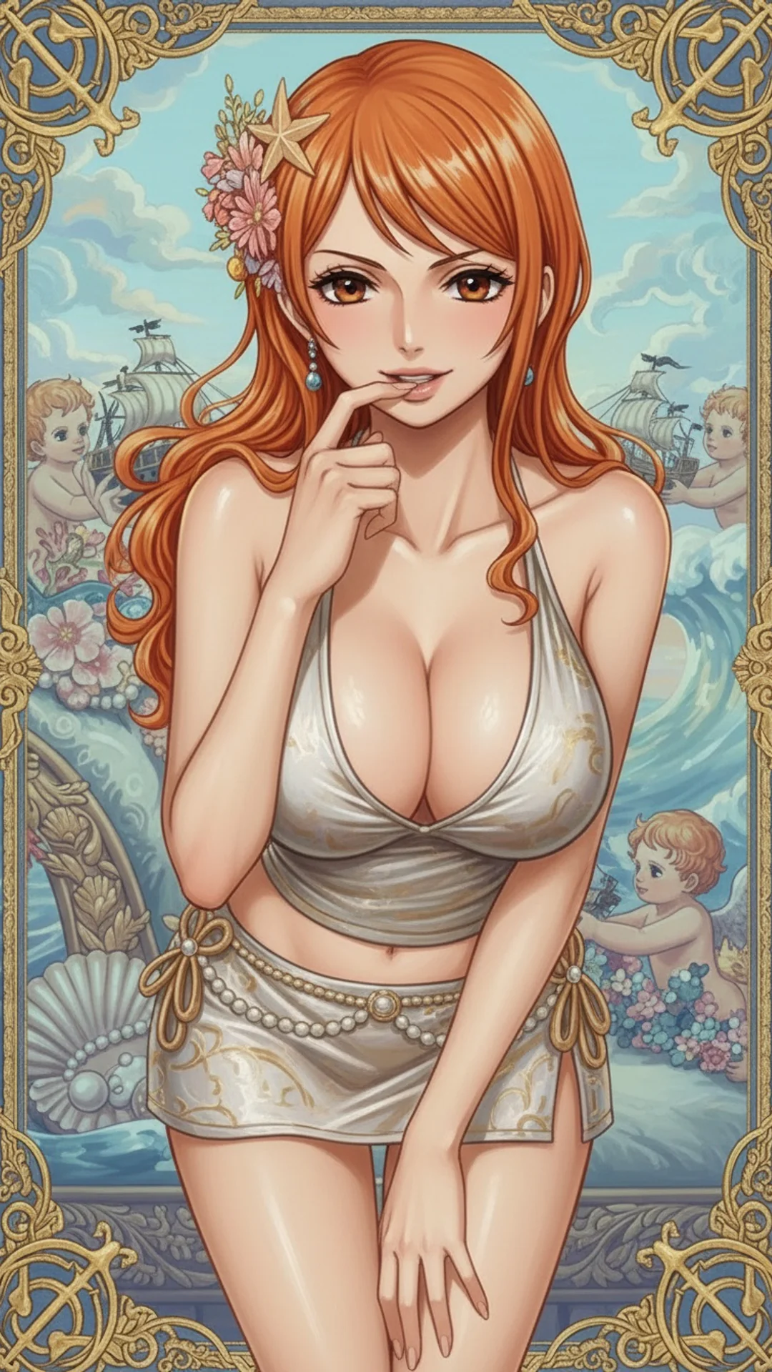 AI Art of Nami from One Piece with flowing orange hair in vibrant anime style by Daddy Jim Headquarters