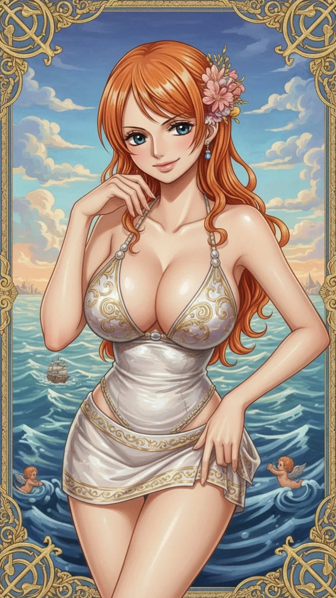AI Art of Nami from One Piece with flowing orange hair in vibrant anime style by Daddy Jim Headquarters